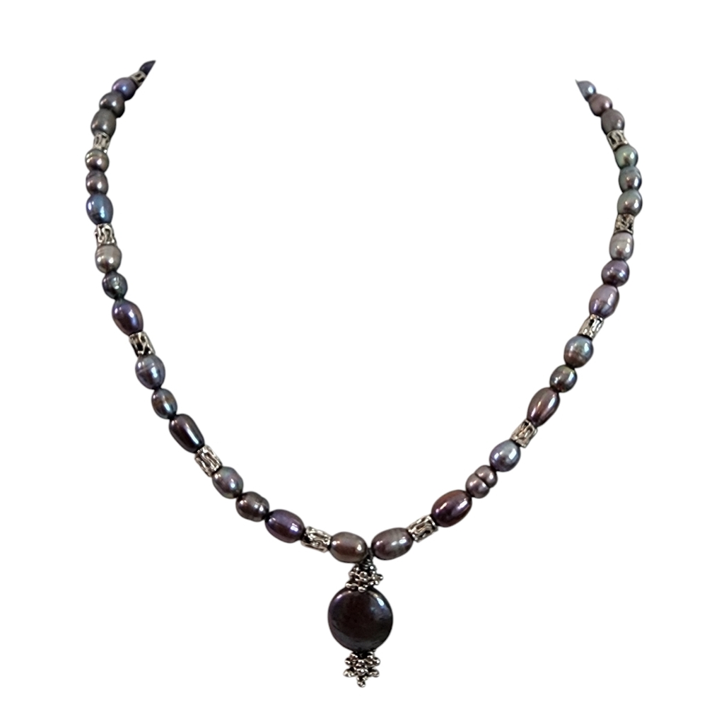 Pearl necklace artisan silver tone peacock pearls  A0341 -Q2